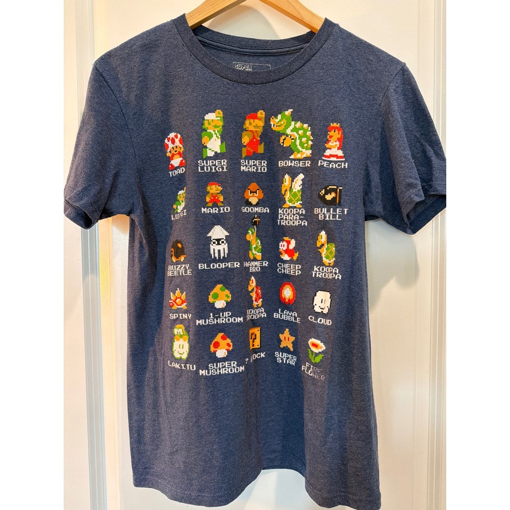 Nintendo Super Mario Bros Pixel Art Graphic T-Shirt Blue Mens Small NES 8-Bit